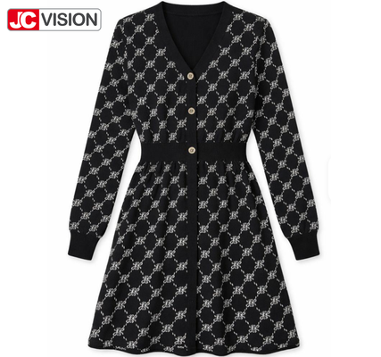 JCVISION শরৎ ও শীতকালীন মহিলাদের ভি-নেক নিটেড ড্রেস কমিউটার স্টাইল